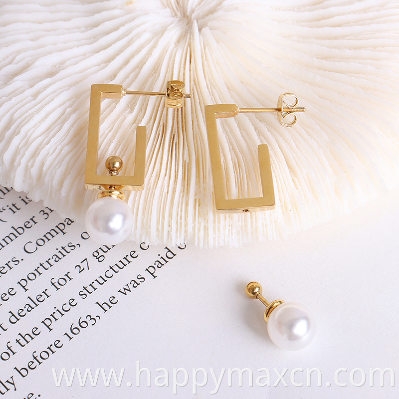 Trendy Stainless Steel 18k Gold Plated Earrings Rectangle Shape Jewelry Hoop Earrings With Pearl